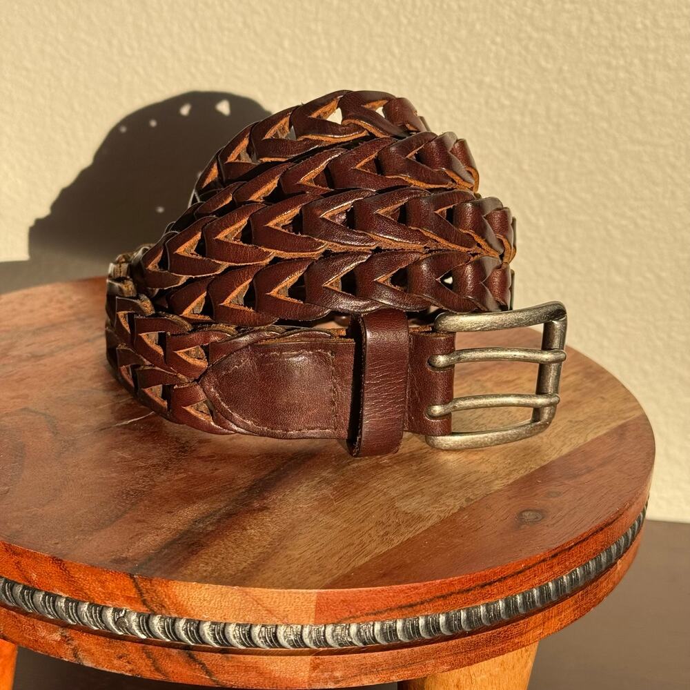 Genuine Full Grain Leather Braided Woven Belt Brown Solid Brass Buckle Size 38
